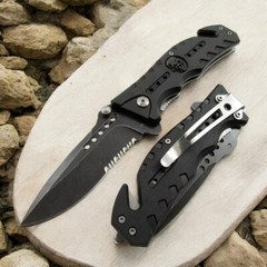 SPRING-ASSISTED FOLDING POCKET KNIFE | Stonewash Serrated Tactical Black Skull