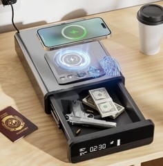 Biometric Handgun Firearm Safe 2-in-1 Wireless Charger Display Clock Alarm VT01