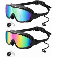 2 Pack Swim Goggles with Waterproof Earplugs & Nose Clip for Adults/Kids, Anti-F