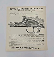Original Holland & Holland Royal Hammerless Ejector Gun Case Specification Card