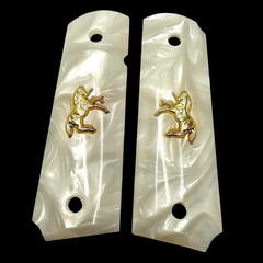 24K Gold Colt 1911 Grips Full Size White Pearl Medallion Ambi Cut Screws
