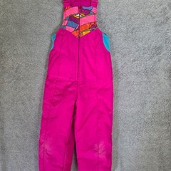 Vintage Kids Pink Snow Bibs Geometric Abstract Print Insulated Ski Overalls 7