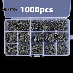 100-1000Pcs Fish Hooks 10 Sizes Fishing Black Silver Sharpened With Box kit