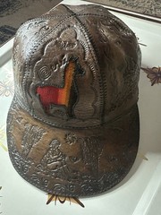 Vintage Hand Tooled Leather Cap Llama Alpaca Desert Cactus Scene Peru Bolivia