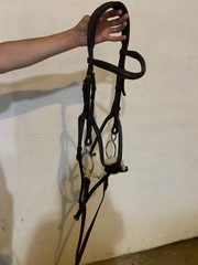 English brown leather bridle figure 8 nose band with happy mouth 2 ring gag bit