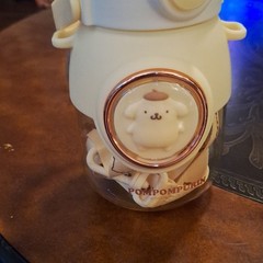 Sanrio Pompompurin White/Clear Plastic Water Bottle With Straw Flip/Lock Strap