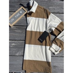 Lululemon Long Sleeve Cotton Rugby Shirt Camel Brown Ivory Stripe Size L NWT
