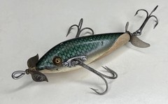 Vintage HEDDON DOWAGIAC Minnow Lure, (3 Hook/2-Pc.Hdwre.) #100-TUFF Green Scale!