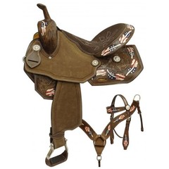Freedom Flyer Barrel Style Saddle SET Red White Blue Painted Feather 15″ 16″ NEW