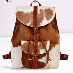 Drawstring Closure Cowhide Backpack Hair On Leather Hiking Rucksack Buckle Flap