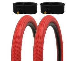 PAIR OF BlCYCLE PRO+ BMX TlRES W/ TUBES IN 18 X 1.95 FANTASY TREAD All Red
