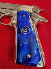 CUSTOM MADE 1911 Blue Pearl Nickel COLT Medallions Grips 45 38 super