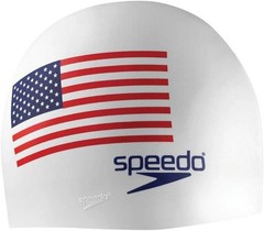 SPEEDO SILICONE FLAG Swim CAP~One Size, White Flag, Unisex, Adult SV3~NEW