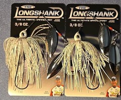 Lot of 2 ~ «LONGSHANK» 3/8 oz Spinnerbait ~ White ~ DWNN Guy Eaker Edition