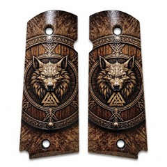 1911 Grips Black ABS Viking Wolf Shield Norse Mythology Artwork Full Size
