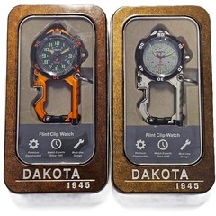 Dakota Flint Clip-On Survival Watch – Fire Starter, LED Flashlight & Bottle Open