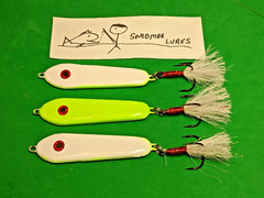 3 – 2 oz Fishing Casting Jigging Slab Lead Spoons Lures white and chartreuse