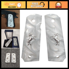 Full Size 1911 Grips – White Pearl, Black Pearl, Bonded Ivory, Silver & Gold Hor