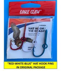 RED-WHITE-BLUE HOOKS — EAGLE CLAW FISH HOOK HAT PIN MONEY CLIP – Set of 3 !