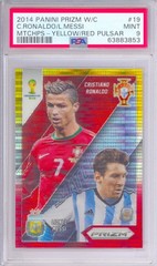 RONALDO & MESSI 2014 Panini Prizm Matchups Yellow/Red Pulsar Soccer Card PSA 9