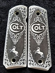 Colt 1911 custom 3D engraved imitation ivory resin grips Scroll Rampant Horse
