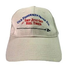 Cap Hat Dad Old Fishermen Never Die MINT Buckle Back CLEAN Beige Cotton