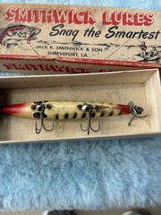 Smithwick Vintage Wooden Fishing Lure Devils Horse Yellow/Black/Red And Box