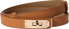 Women Skinny Leather Belt Solid Color Alloy Turn Lock Adjustable Brown