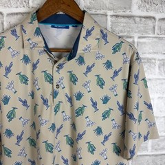 Devereux Men Golf Polo Shirt Medium Tan Cactus Desert Print Short Sleeve Stretch