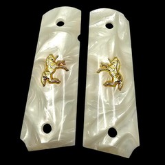 Luxury 1911 Full Size Grips White Pearl w/ 24K Gold Colt Horse Ambi