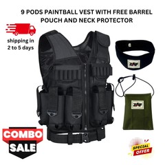 9 pod paintball tactical vest with free barrel pouch and neck protector unisex