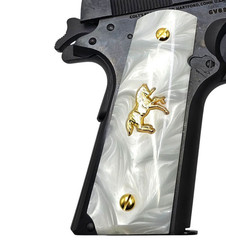 1911 Grips Full Size White Pearl 24K Gold Colt Horse Emblem & Screws Ambi Cut