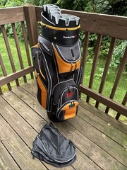 Founders Club Cart Golf Bag Black Orange Lift Handle Multiple Pockets Rain Cover