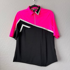 Jamie Sadock Medium Polo Neon Pink Black Short Sleeve Colorblock Quarter Zip Top