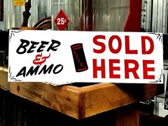 Vintage Hand Painted Metal BEER AMMO Gun Shop Store Hunting Sporting Goods Sign