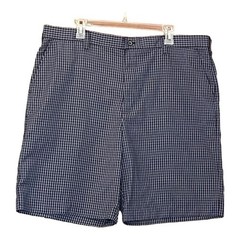 IZOD Golf Mens Size 40 Navy Blue White Gingham Plaid Flat Front Shorts Polyester