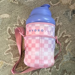 HydroJug 64 fl oz Plastic Water Bottle Flip Lock Straw Lid w/ Pink Checked Sling