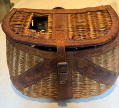 Vintage Split Willow Fishing Creel Japan 14″ Pigskin Leather Trim Basket Decor