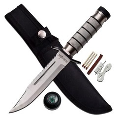 Survivor HK-695 Fixed Blade Knife, Silver Reverse Serrated Blade, Silver Metal