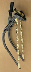 BLACK BENT SPRING FORK FOR 26″ CRUISER W/ GOLD TWISTED BARS AND SPRING IN GOLD.