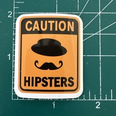 Caution Hipsters Sign Sticker Decal Office Skateboard Guitar Laptop 1 1/2”x 2”