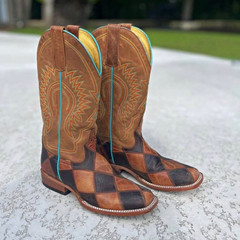 Boys Western Cowboy Boots Brown Patchwork Leather Square Toe US 5