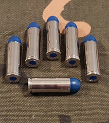 45 LONG COLT SNAP CAPS SET OF 6, BLUE AND NICKEL, REAL WEIGHT!!! 45LC 45 COLT