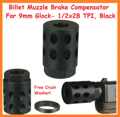 Billet Muzzle Brake Compensator For 9mm Glock- 1/2×28 TPI, Black