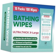 No Rinse Bathing Wipes for Adults – Extra Thick 8×12 100 Count (Pack of 10)