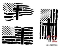 American Flag with Cross Vinyl Decal 3 Pack: Christian Jesus US Small ~4″ Black