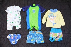 Boy Baby Swim Gear LOT Rash Guards Carters Whales Sharks 3 – 18 Months Trunks