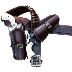 Cowboy Western Leather Gun Holster with Belt For Dual Revolver Rig .22 .38 .45