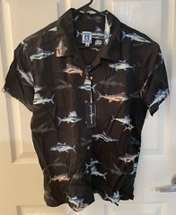 Hook & Tackle Fish Black Marlin Pattern Women Short Sleeve Button Up Shirt Sz M