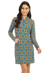 IBKUL Scarlet Mock Neck Long Sleeve Dress S M L XL Blue Multi Golf UPF 50